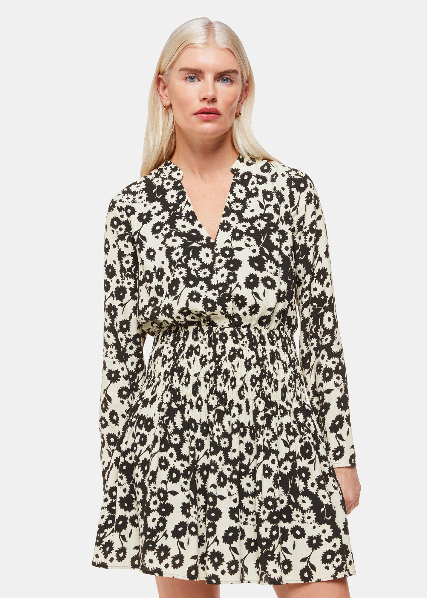 Black Petite Riley Floral Shirred Dress