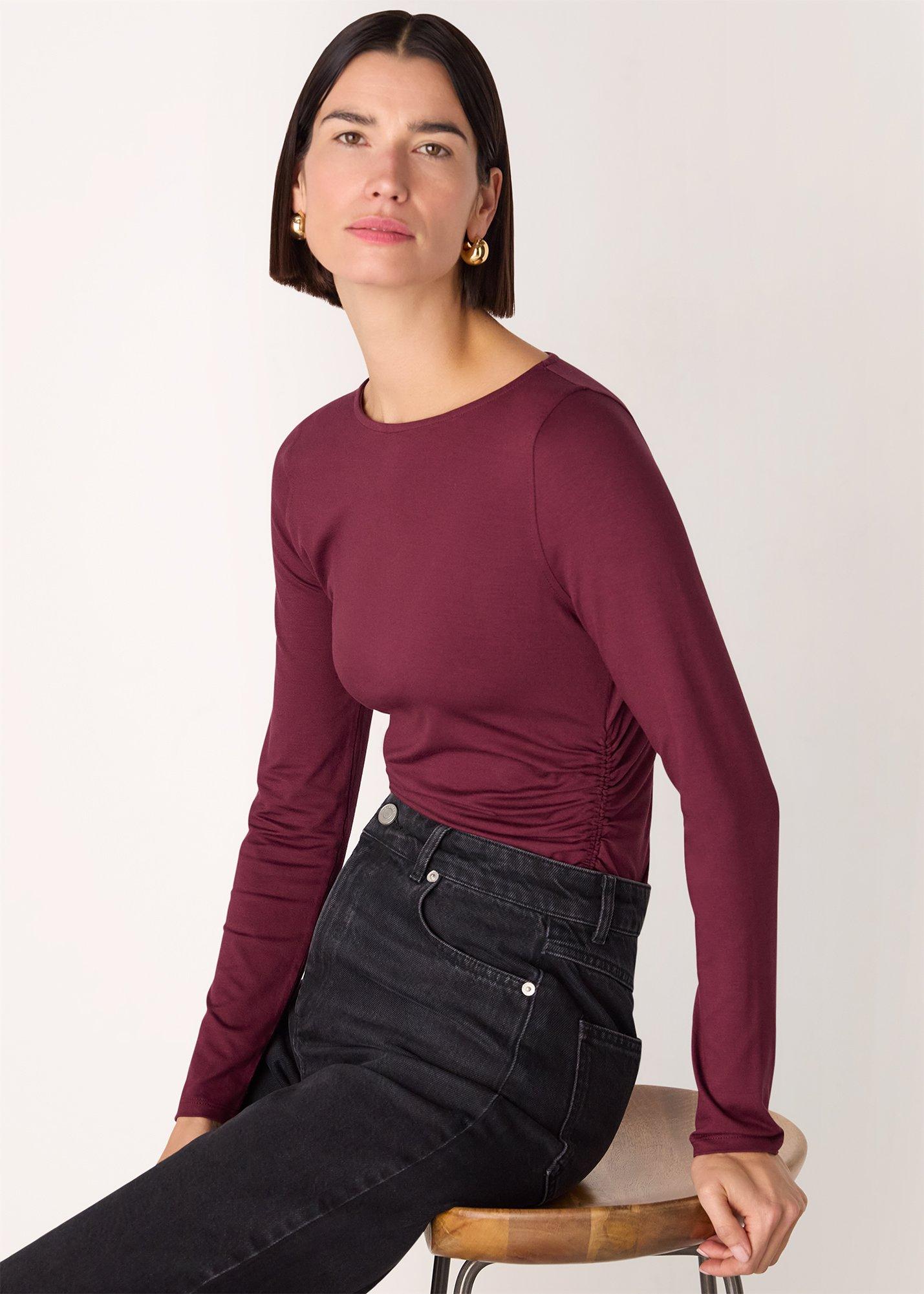 Burgundy Ruched Side Long Sleeve Top