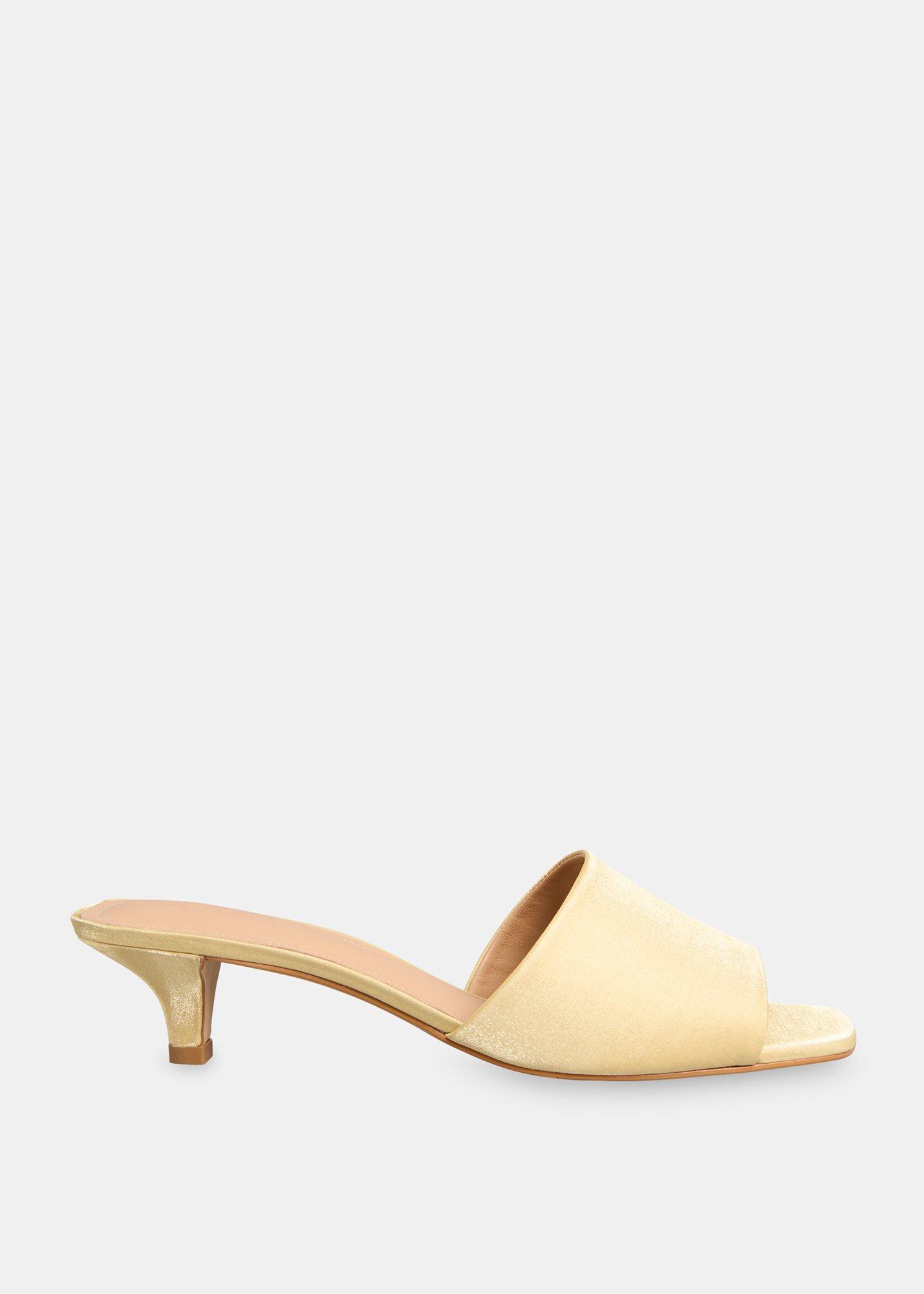 Pale Yellow Satin Slip On Heeled Mule