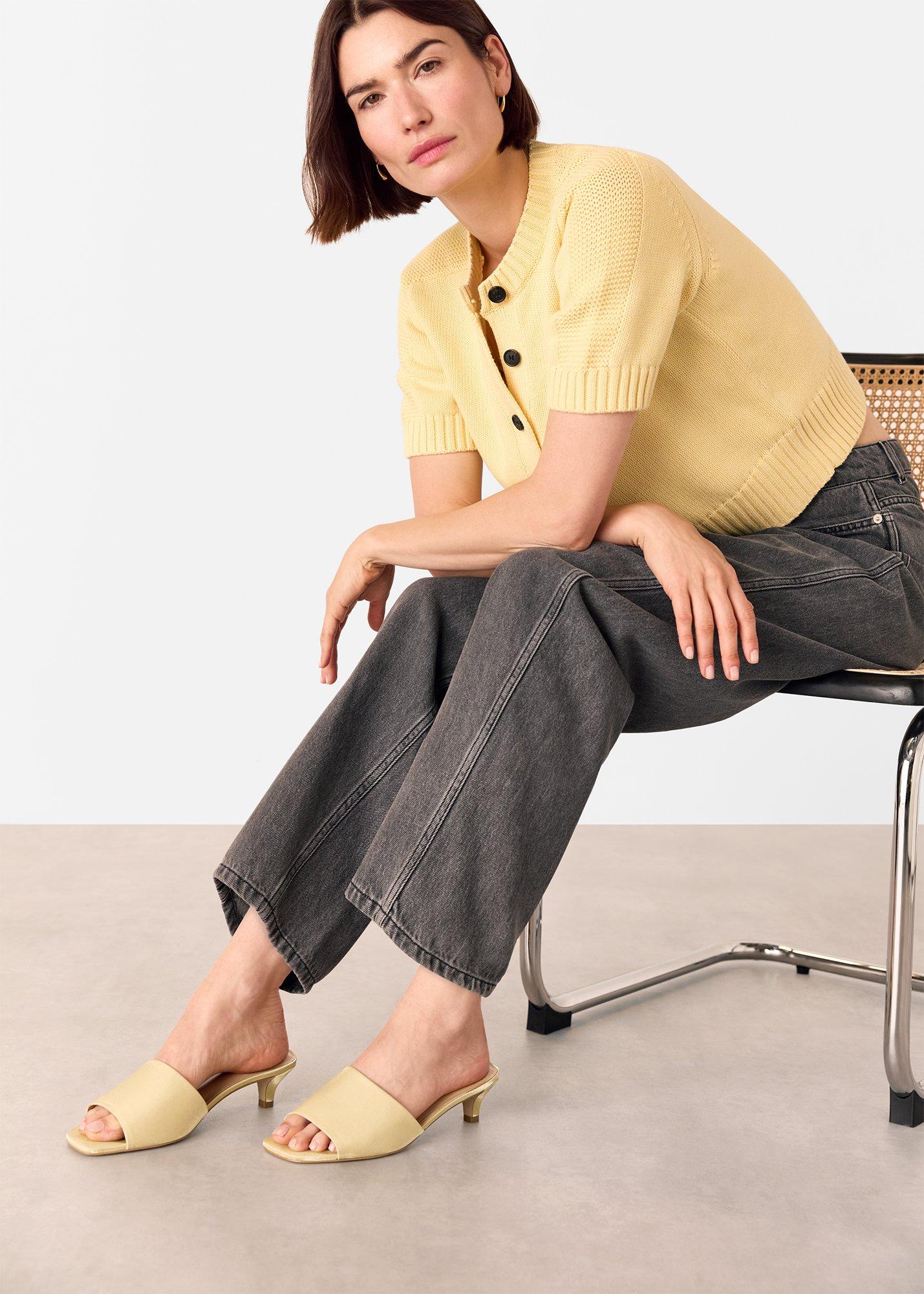 Pale Yellow Satin Slip On Heeled Mule