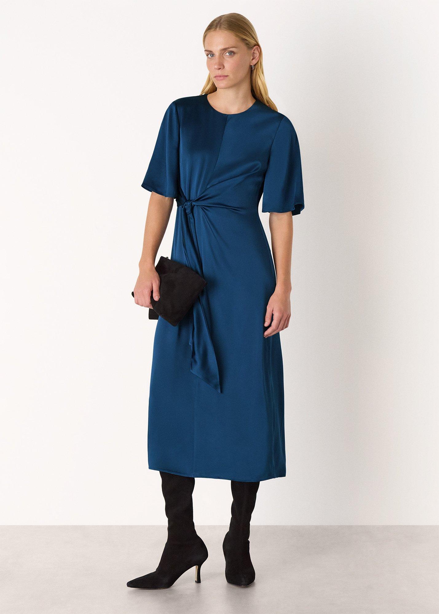 Blue Satin Twist Waist Midi Dress