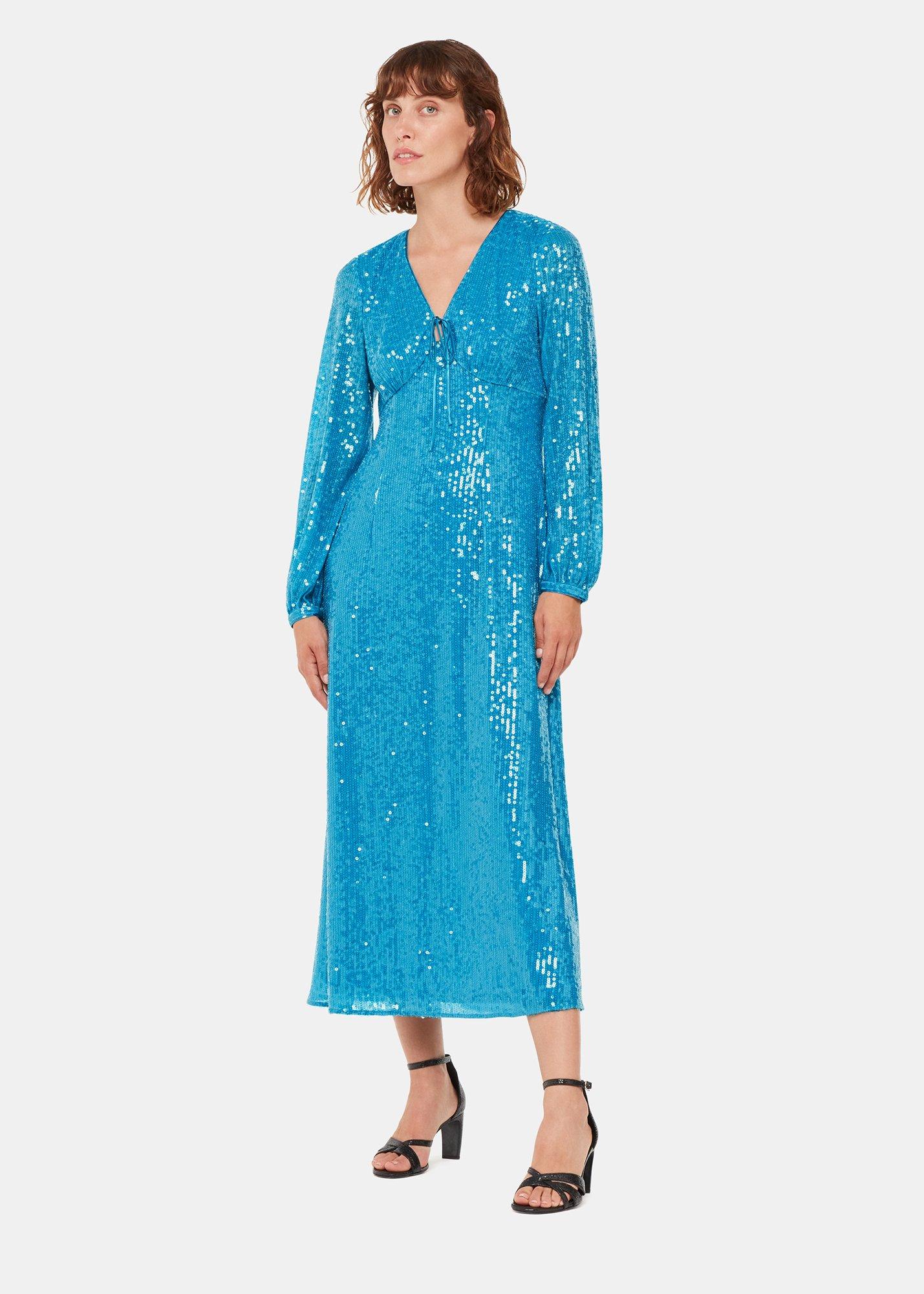 Blue Petite Sequin Keyhole Midi Dress