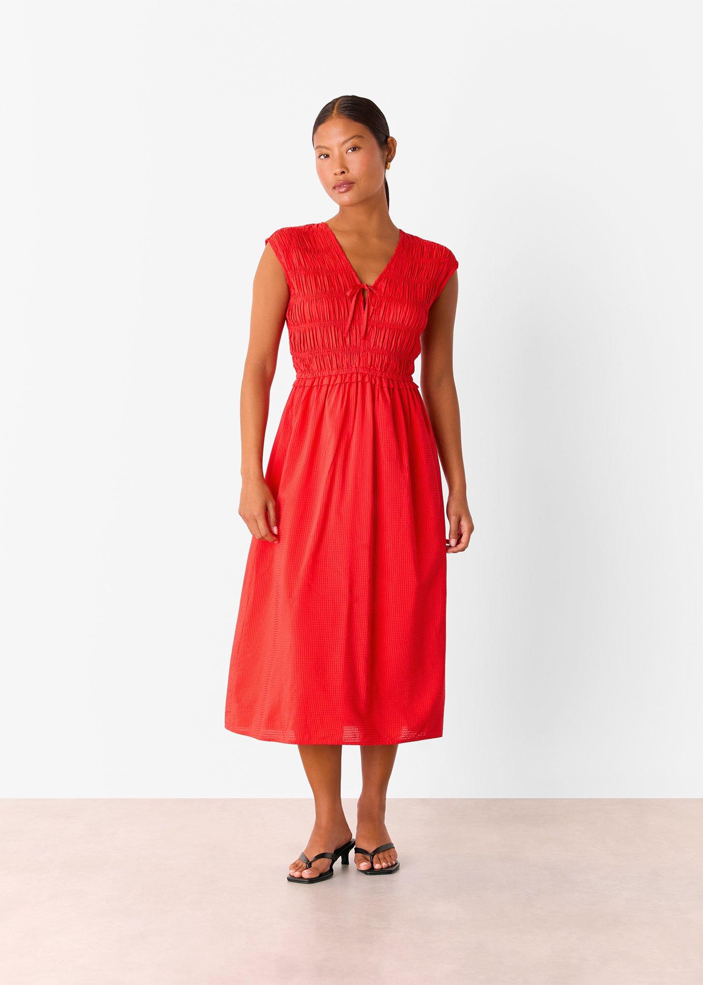 Red Petite Shirred Bodice V Neck Dress