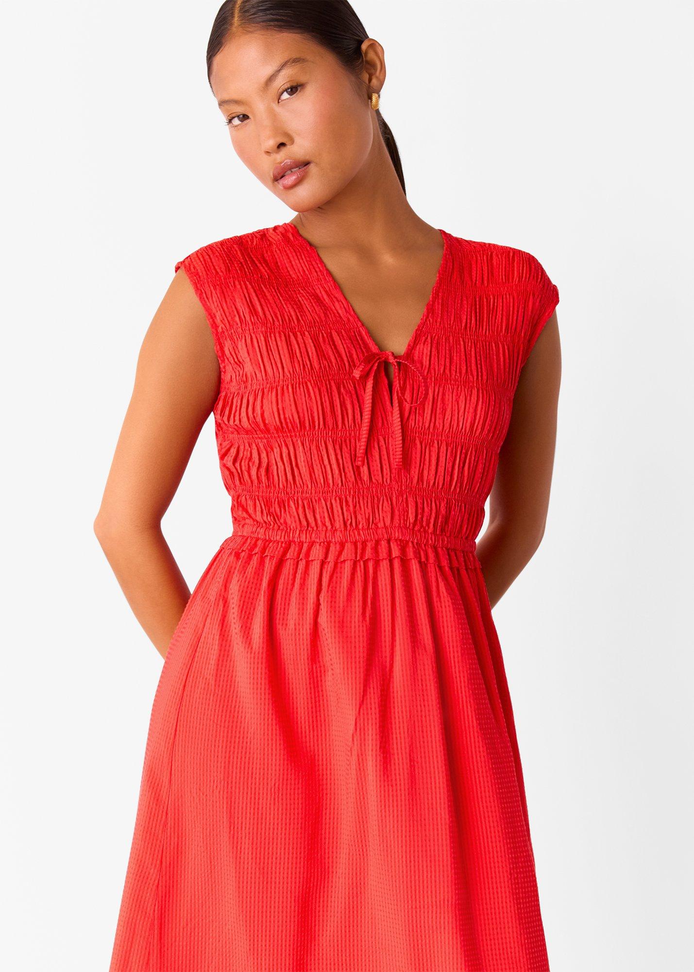 Petite Shirred Bodice V Neck Dress