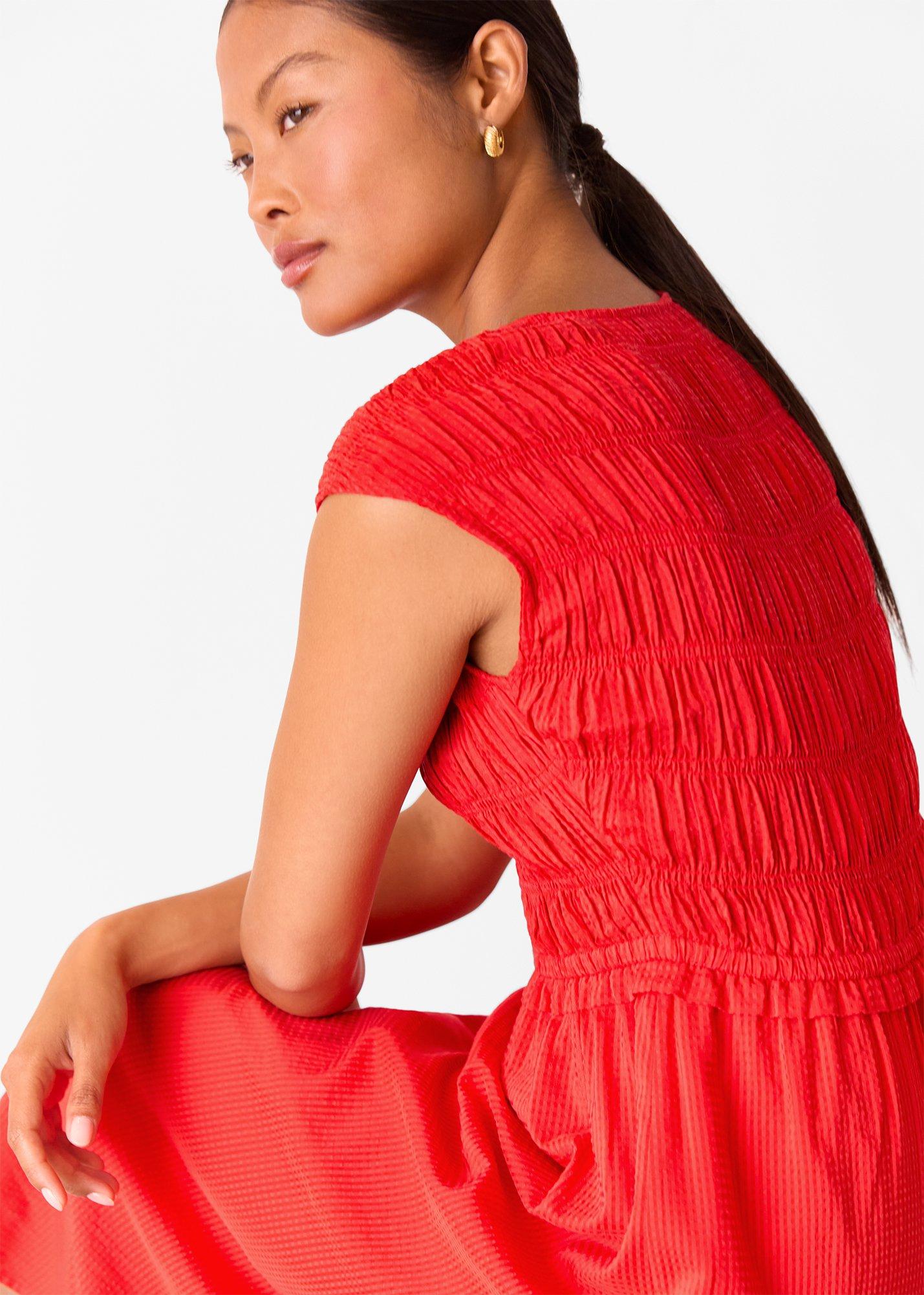 Petite Shirred Bodice V Neck Dress