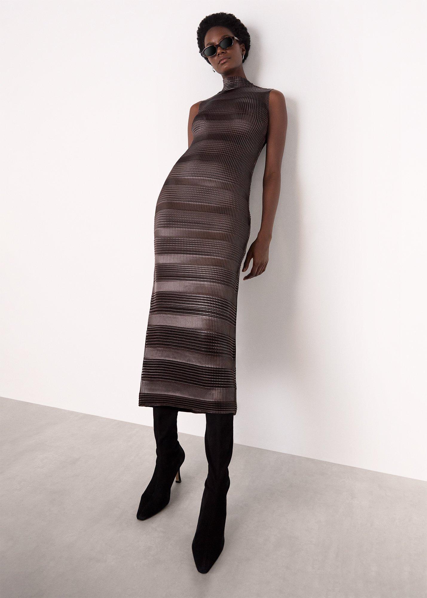 Brown Sleeveless Plisse Midi Dress