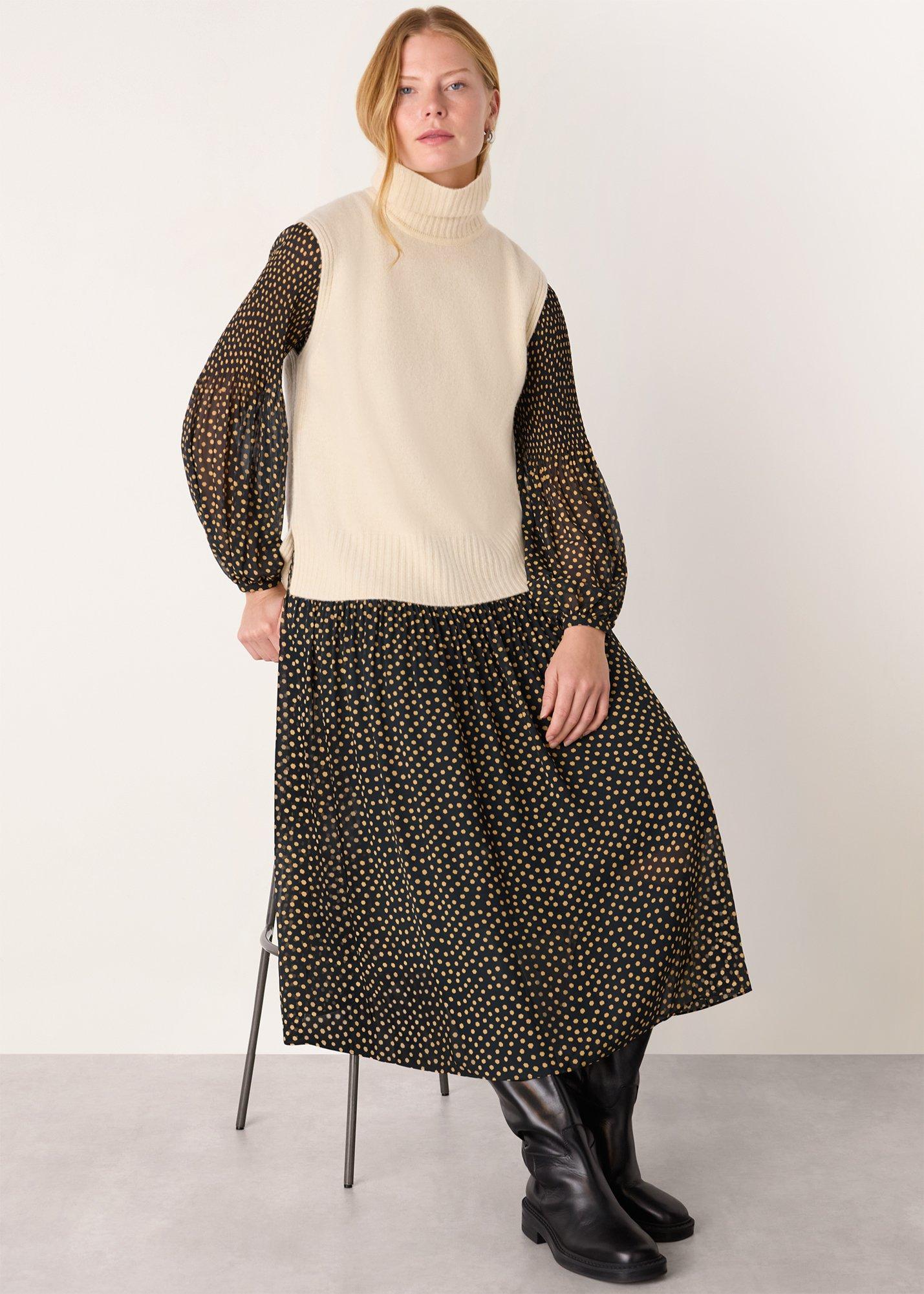 Black Spot Print Plisse Midi Dress