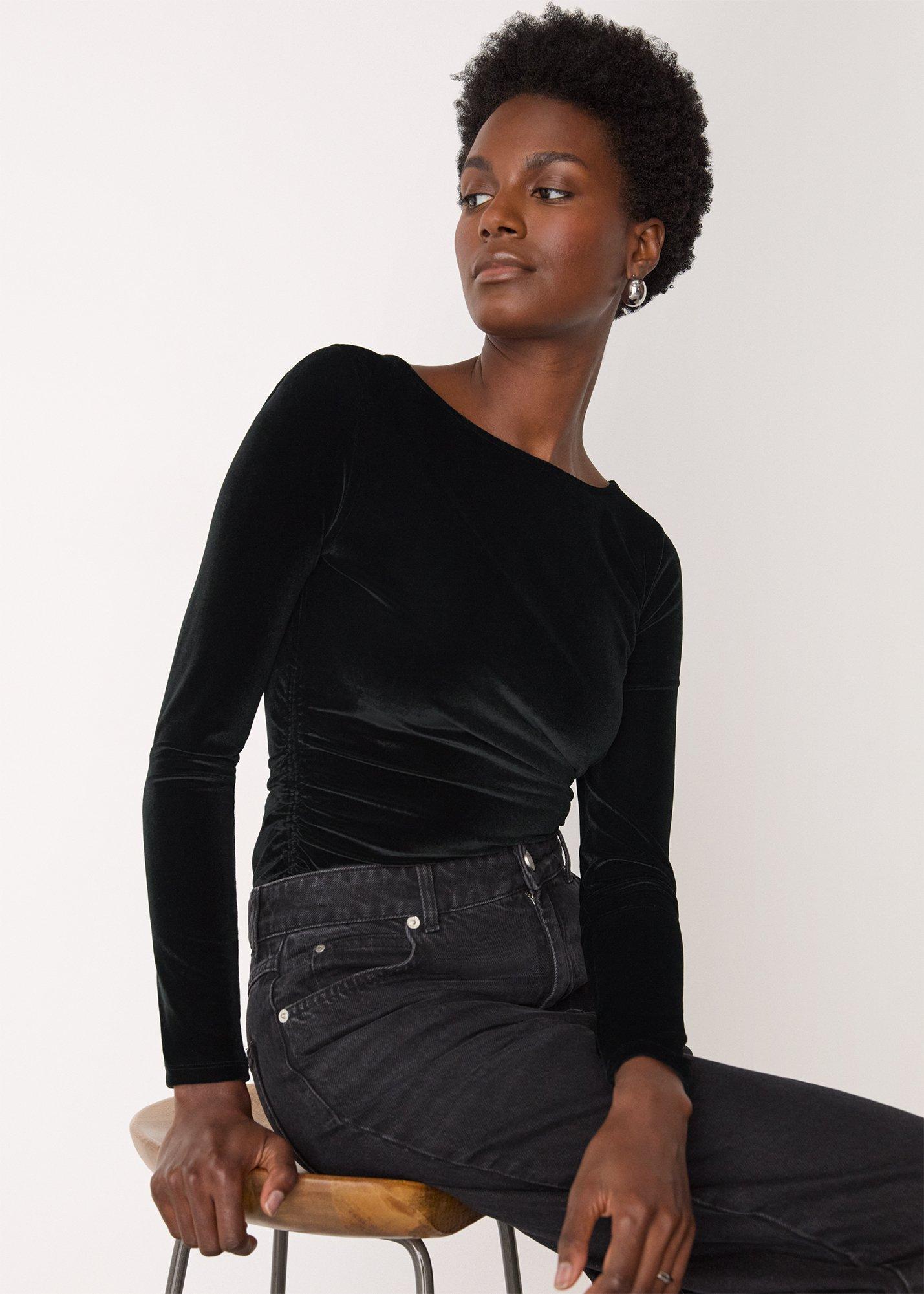 Black Straight Neck Velvet Top