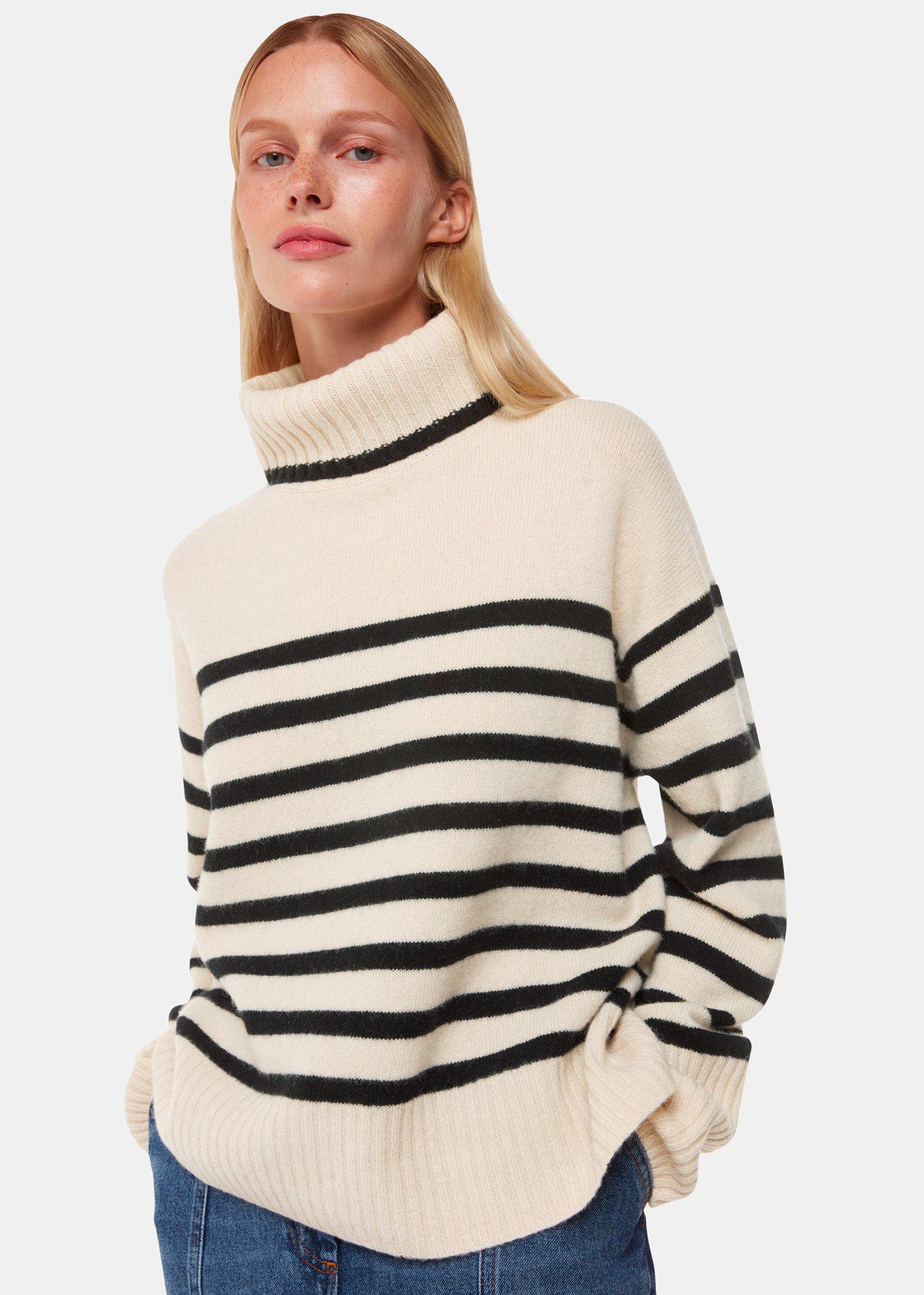 Ivory Petite Stripe Wool Turtleneck Sweater