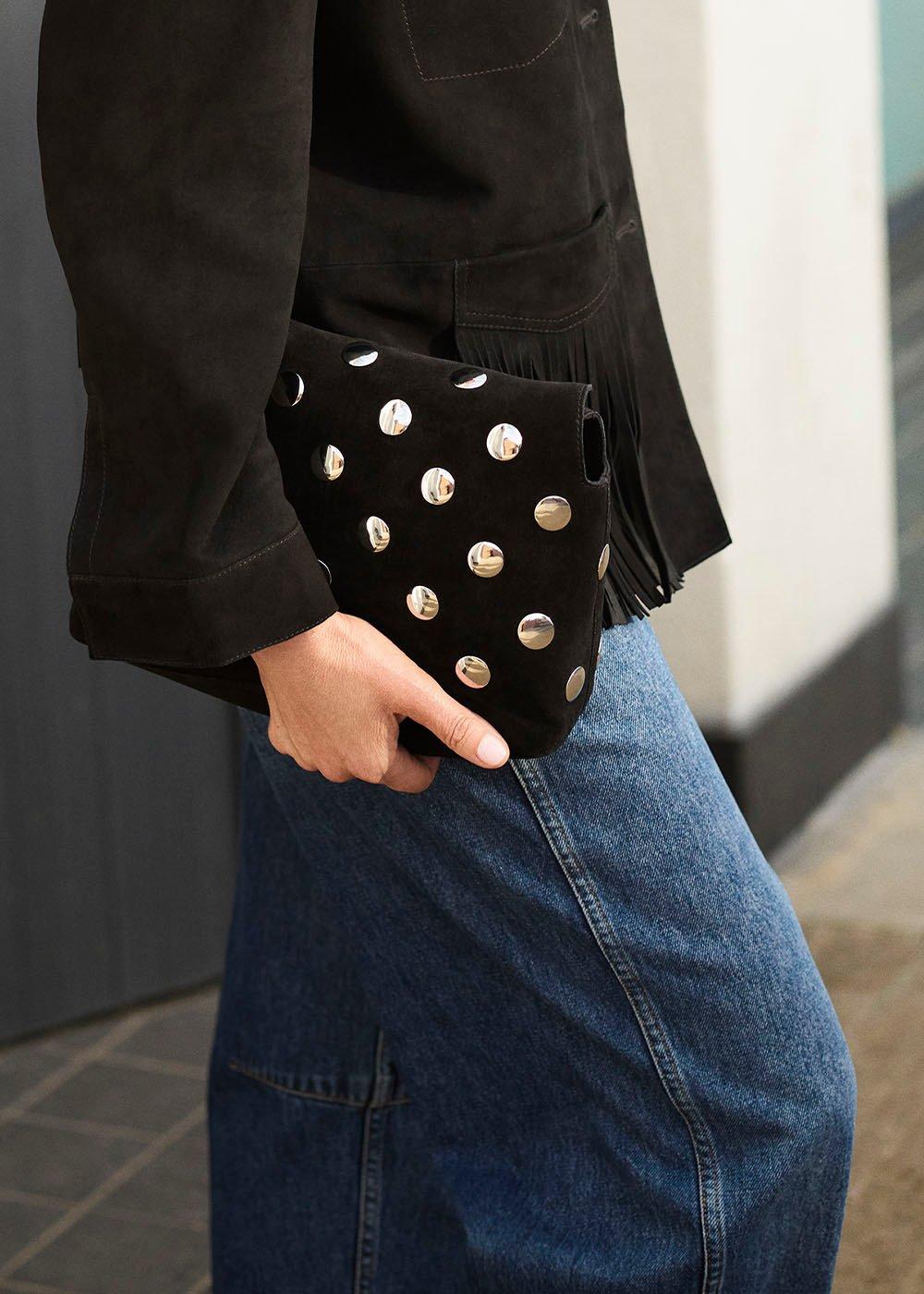 Black Fia Studded Foldtop Clutch Bag