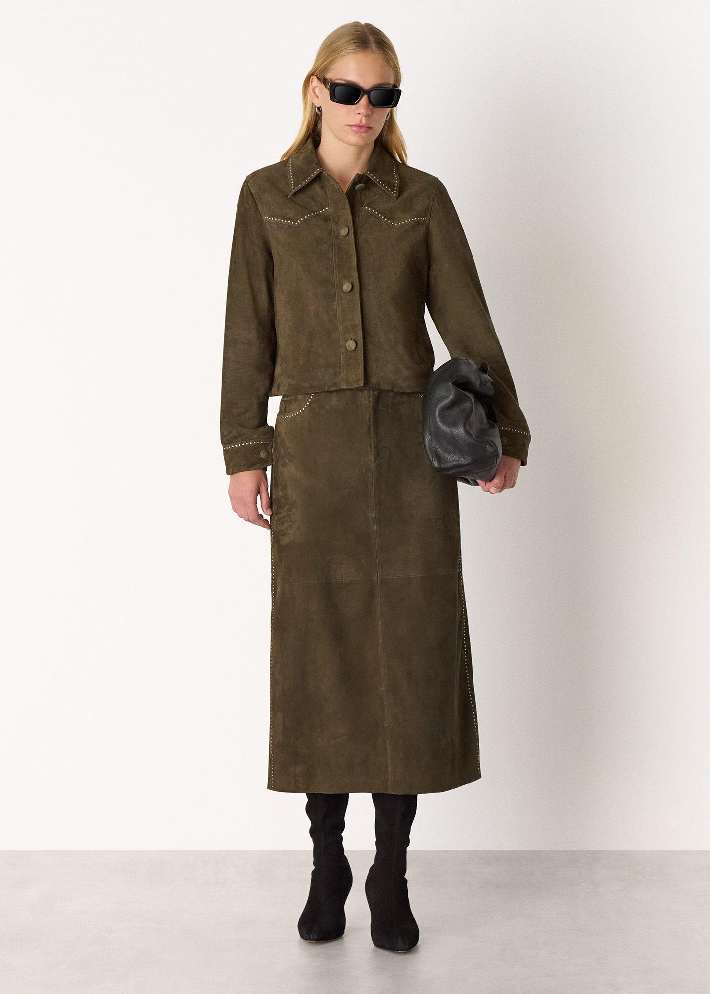 Olive Suede Studded Column Skirt