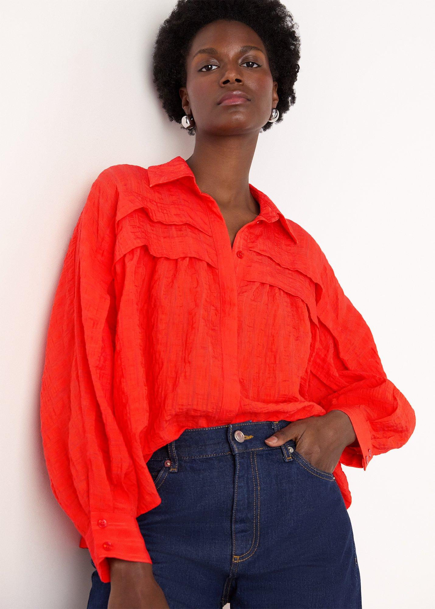 Red Textured Frill Detail Blouse