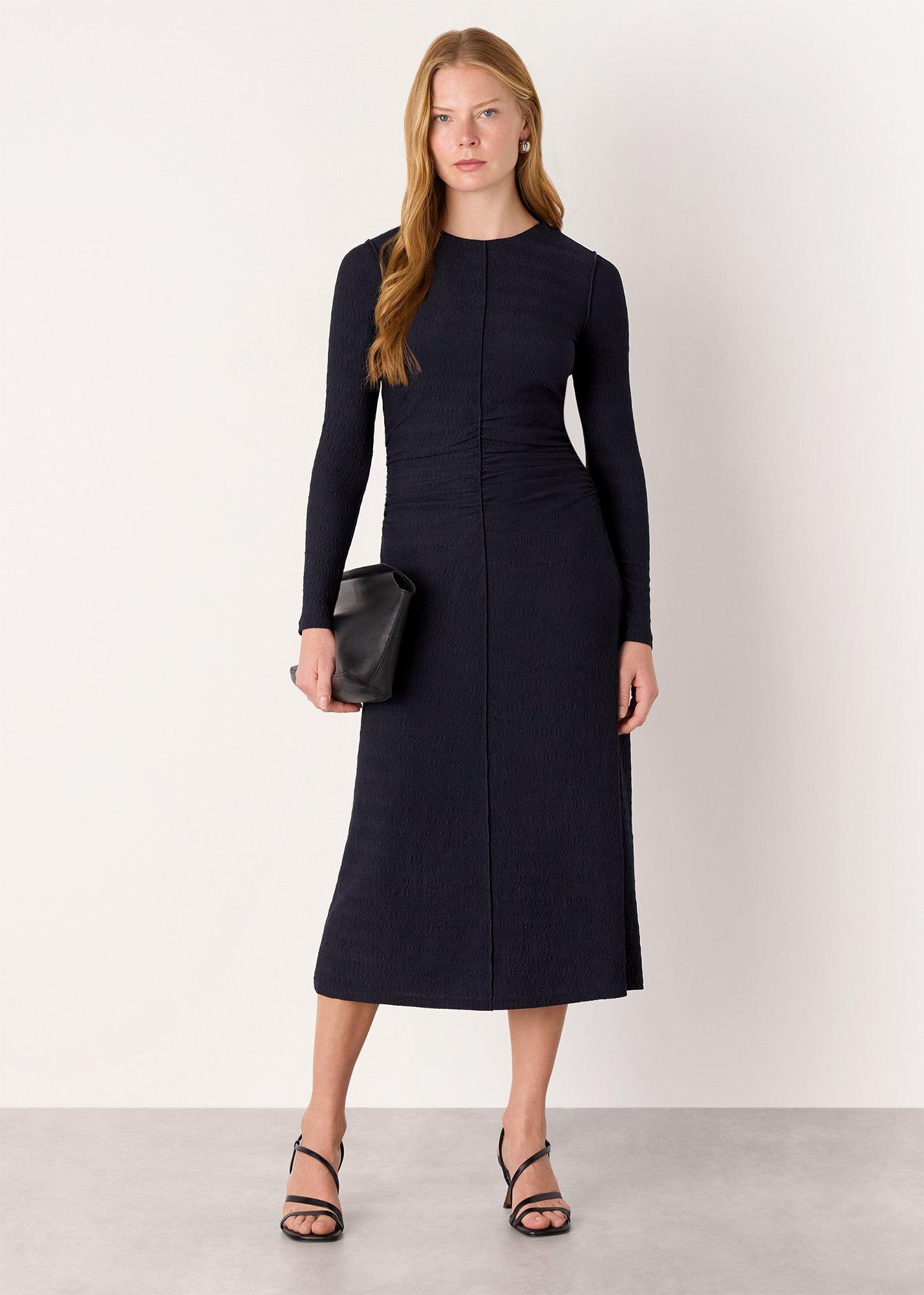 Navy Textured Jersey Ruched Dress