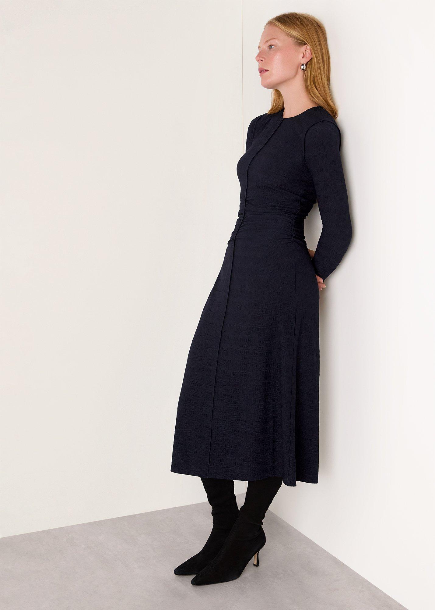 Navy Textured Jersey Ruched Dress