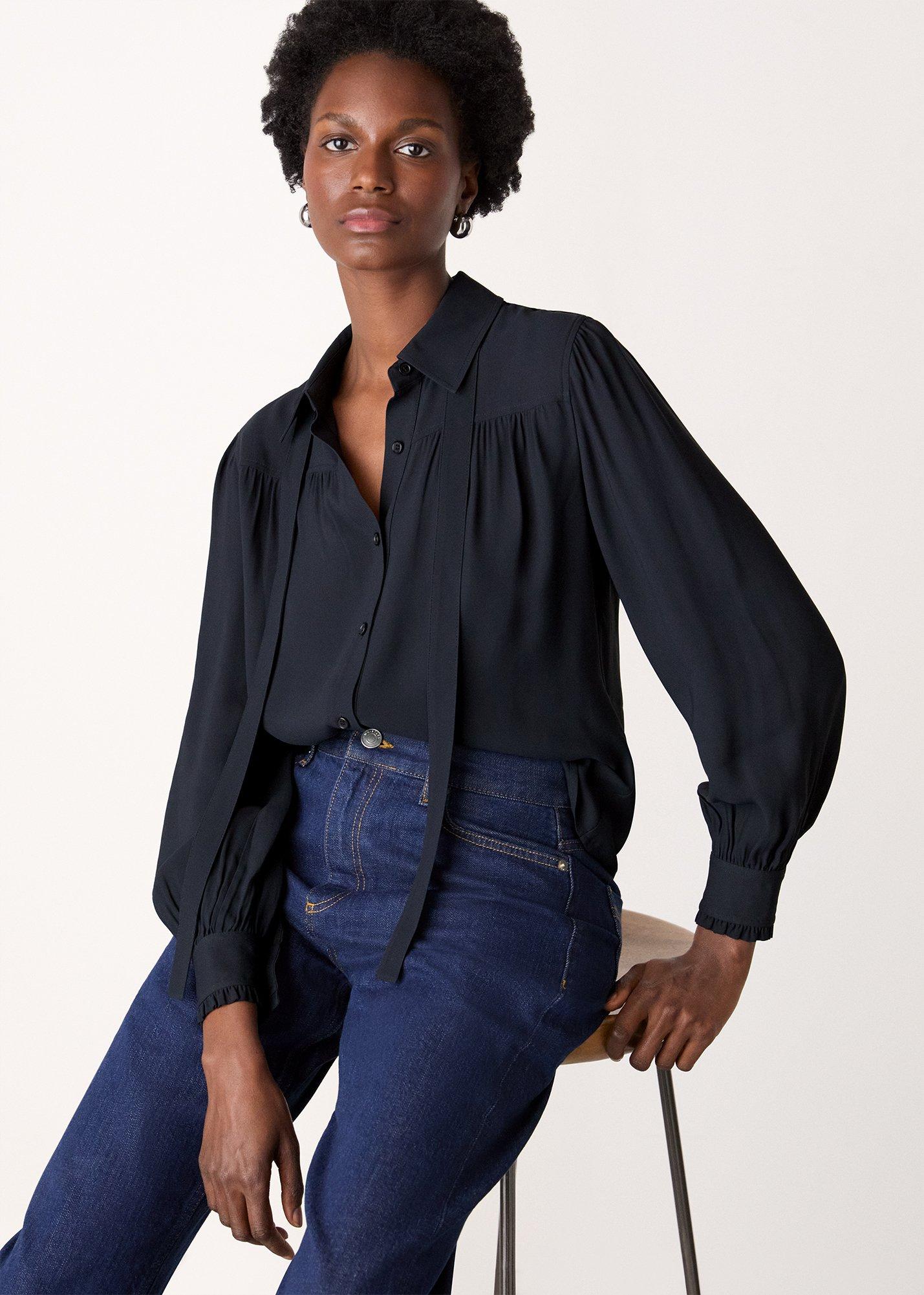 Navy Tie Detail Crepe Blouse