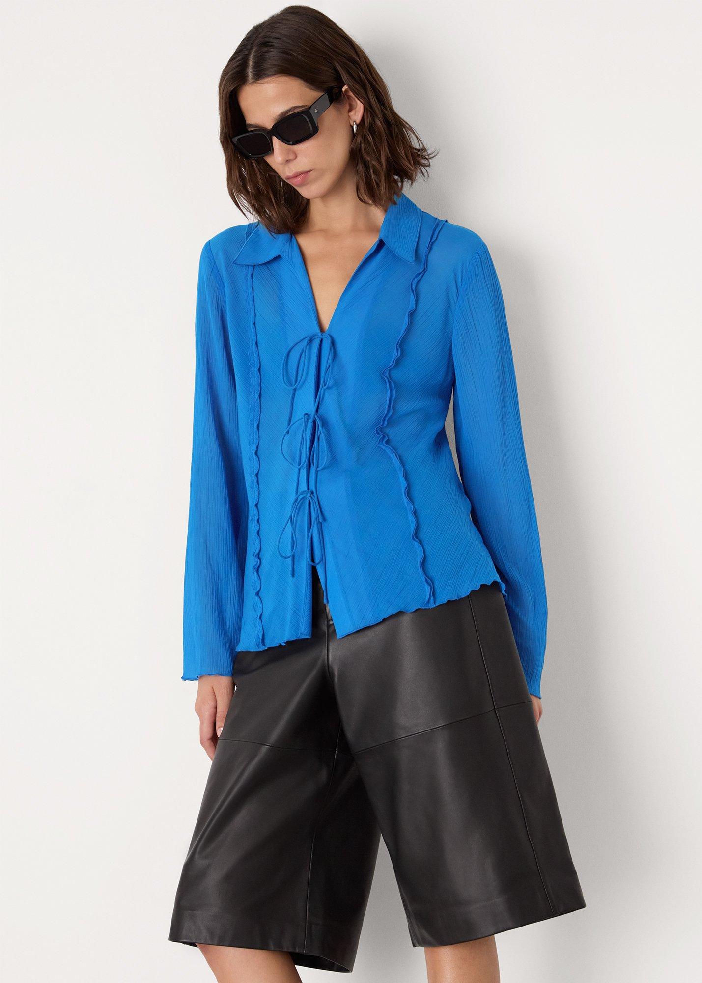 Blue Tie Front Textured Shirt