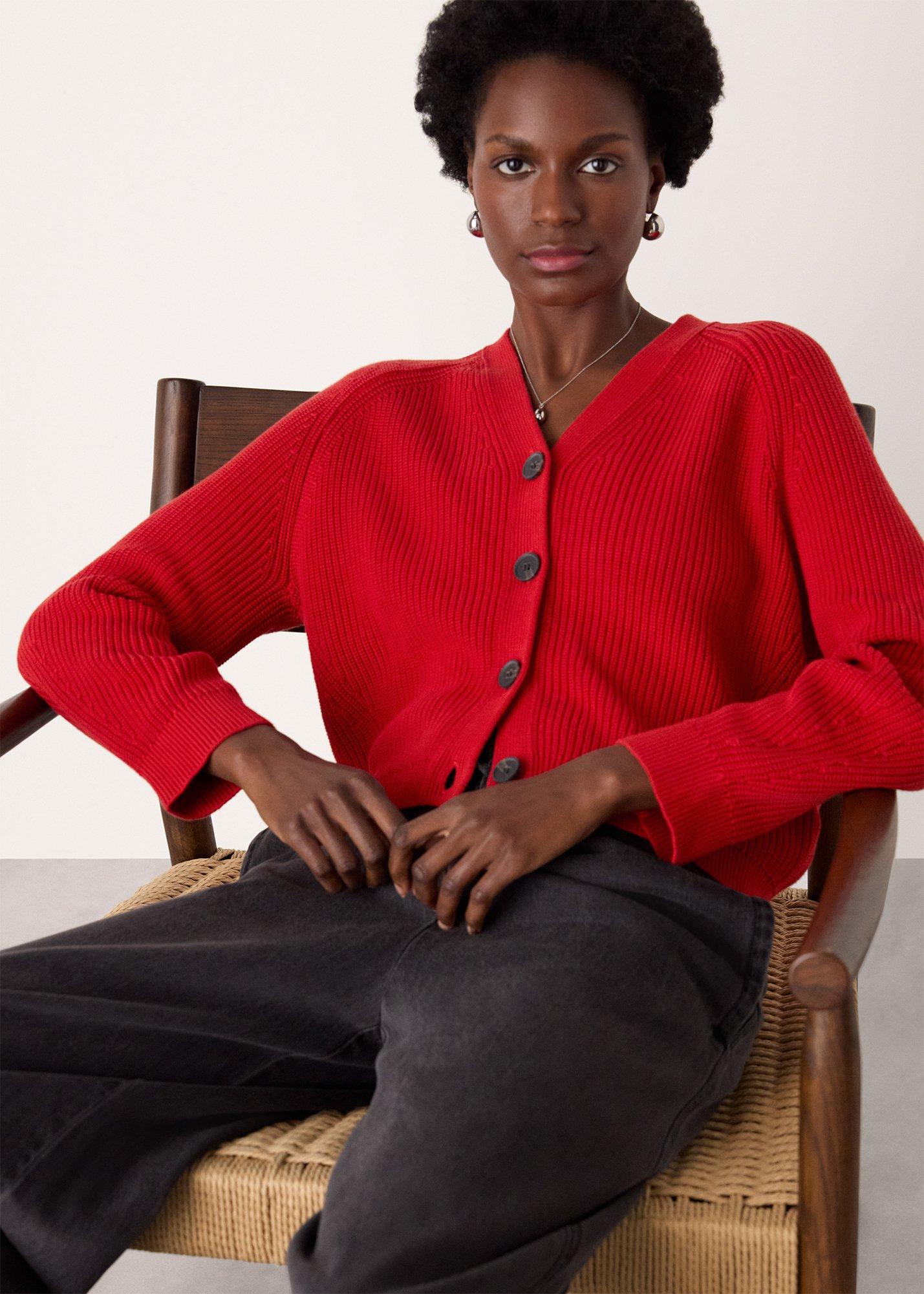 Red V Neck Cotton Cardigan