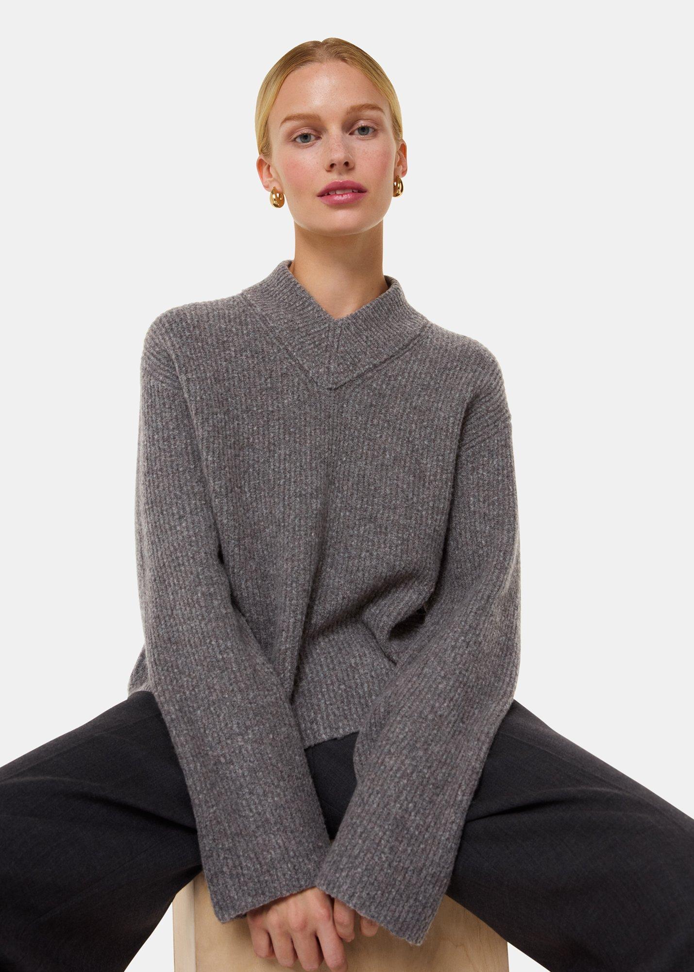 Grey V Neck Wool Mix Sweater