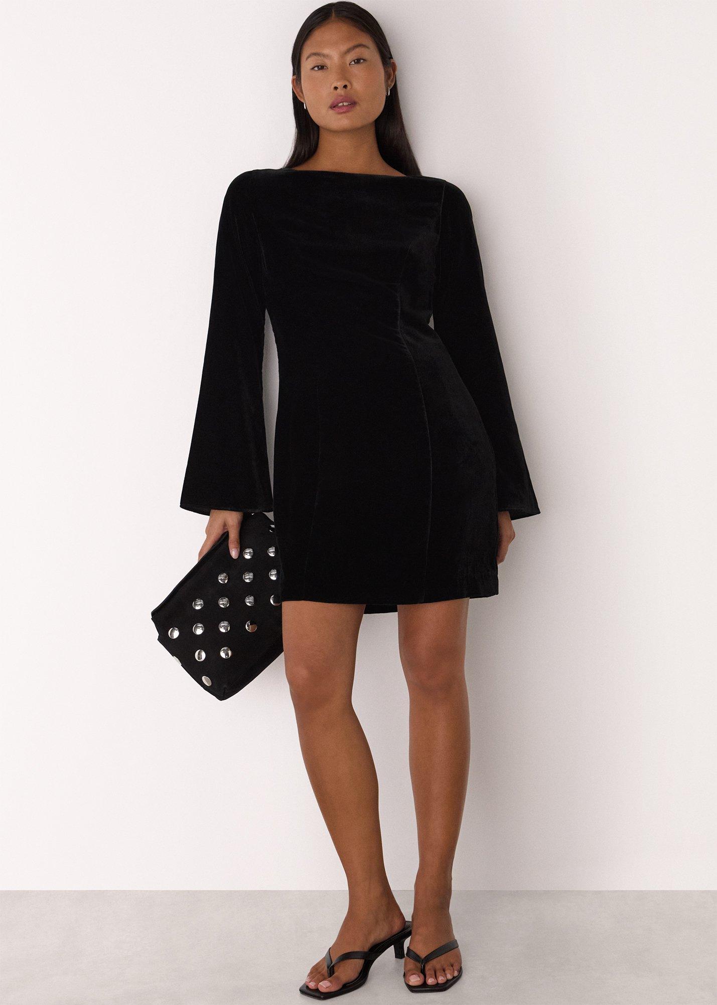 Black Petite Velvet Flare Sleeve Dress