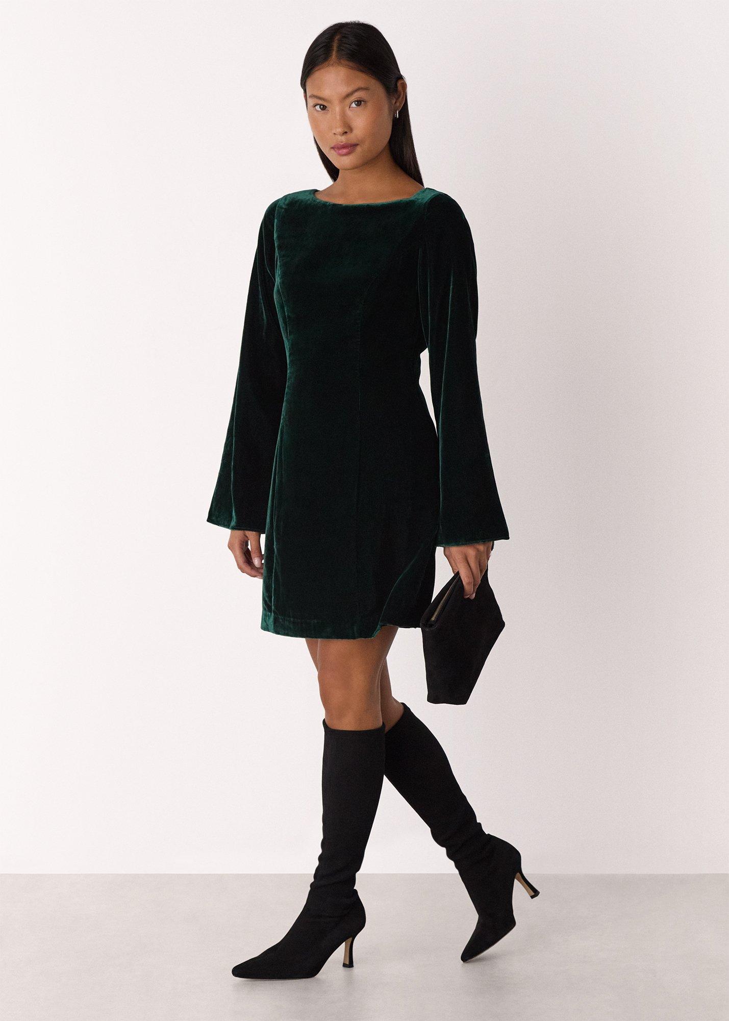 Forest Green Petite Velvet Flare Sleeve Dress