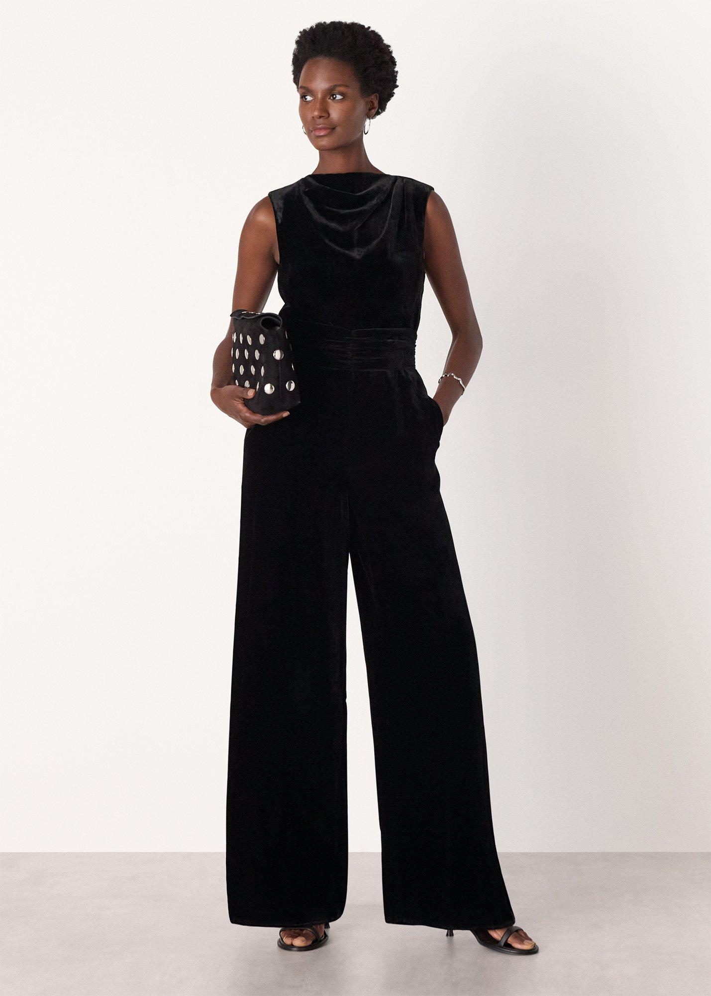 Black Velvet Twist Waist Jumpsuit
