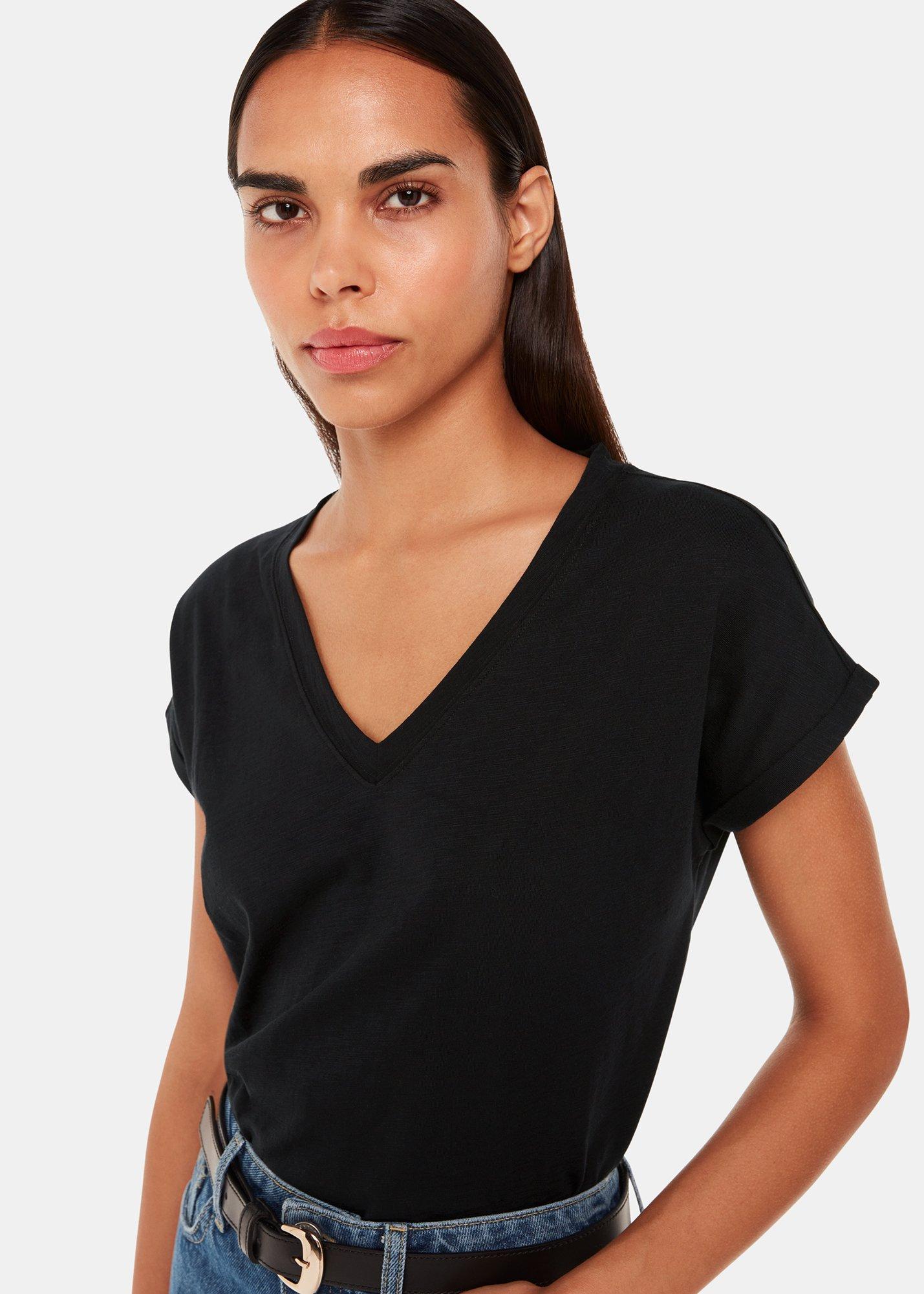 Black Willa V-Neck Cap Sleeve Tee