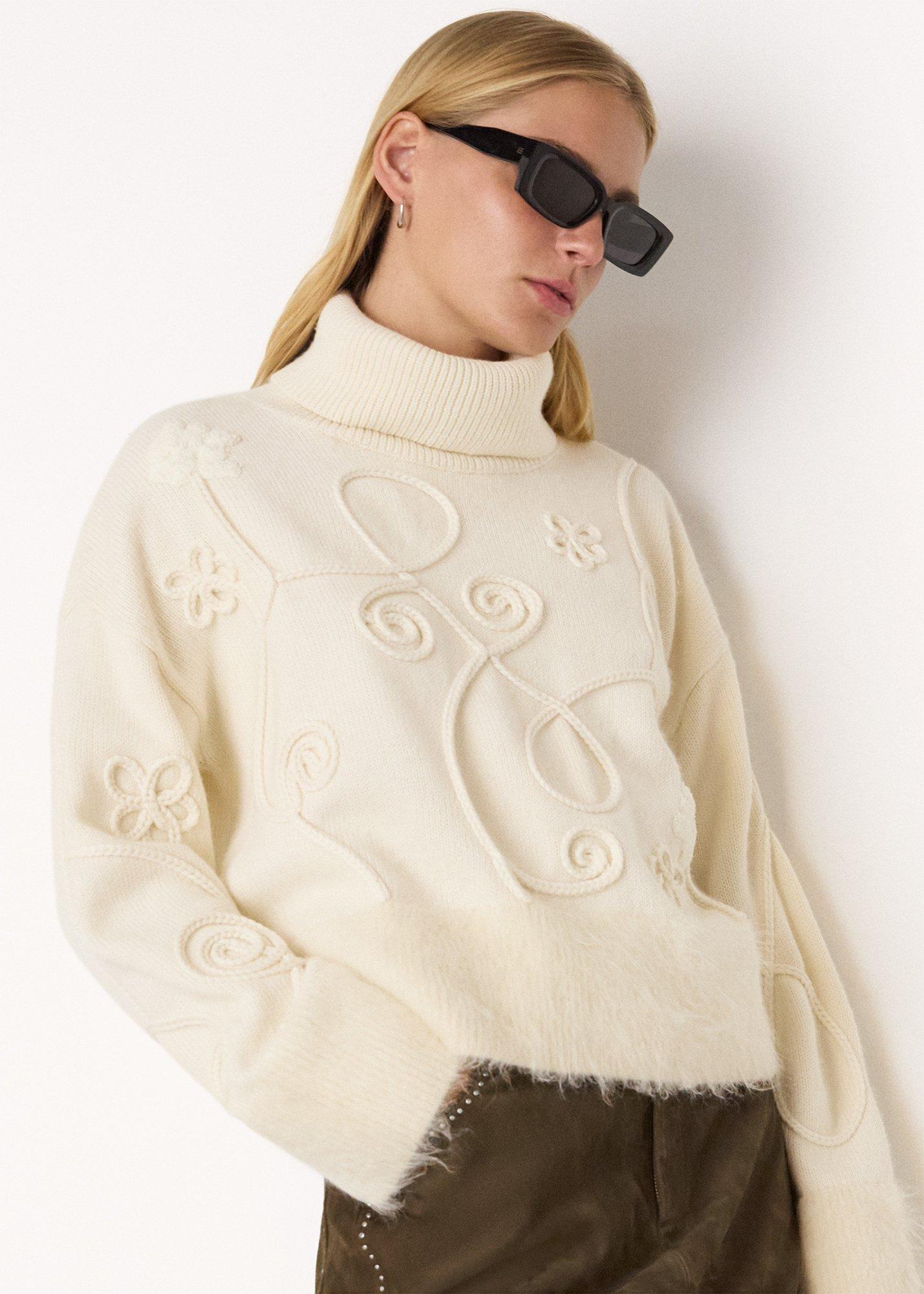 Cream Wool Embroidered Floral Jumper