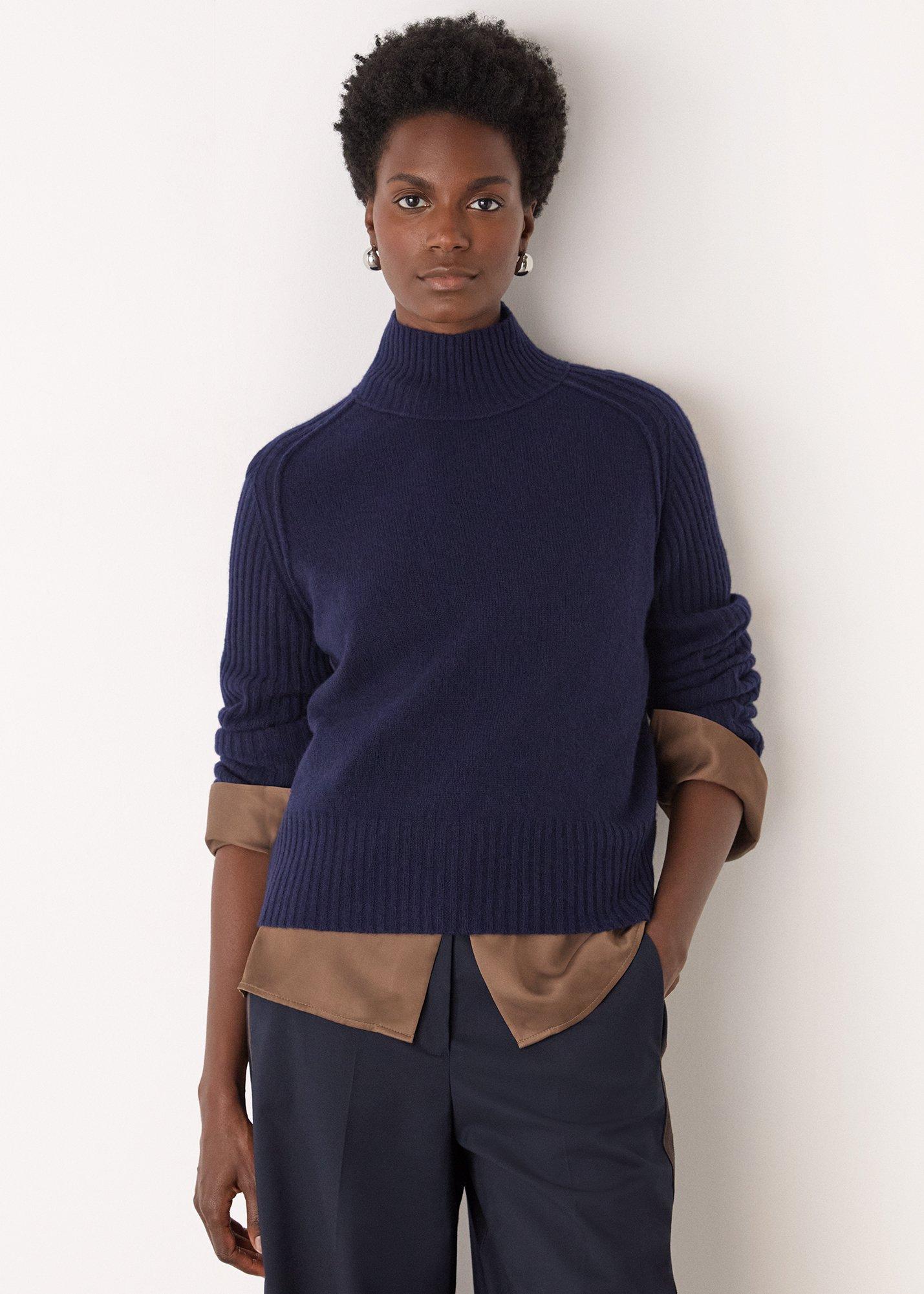Navy Wool Funnel Neck Knit