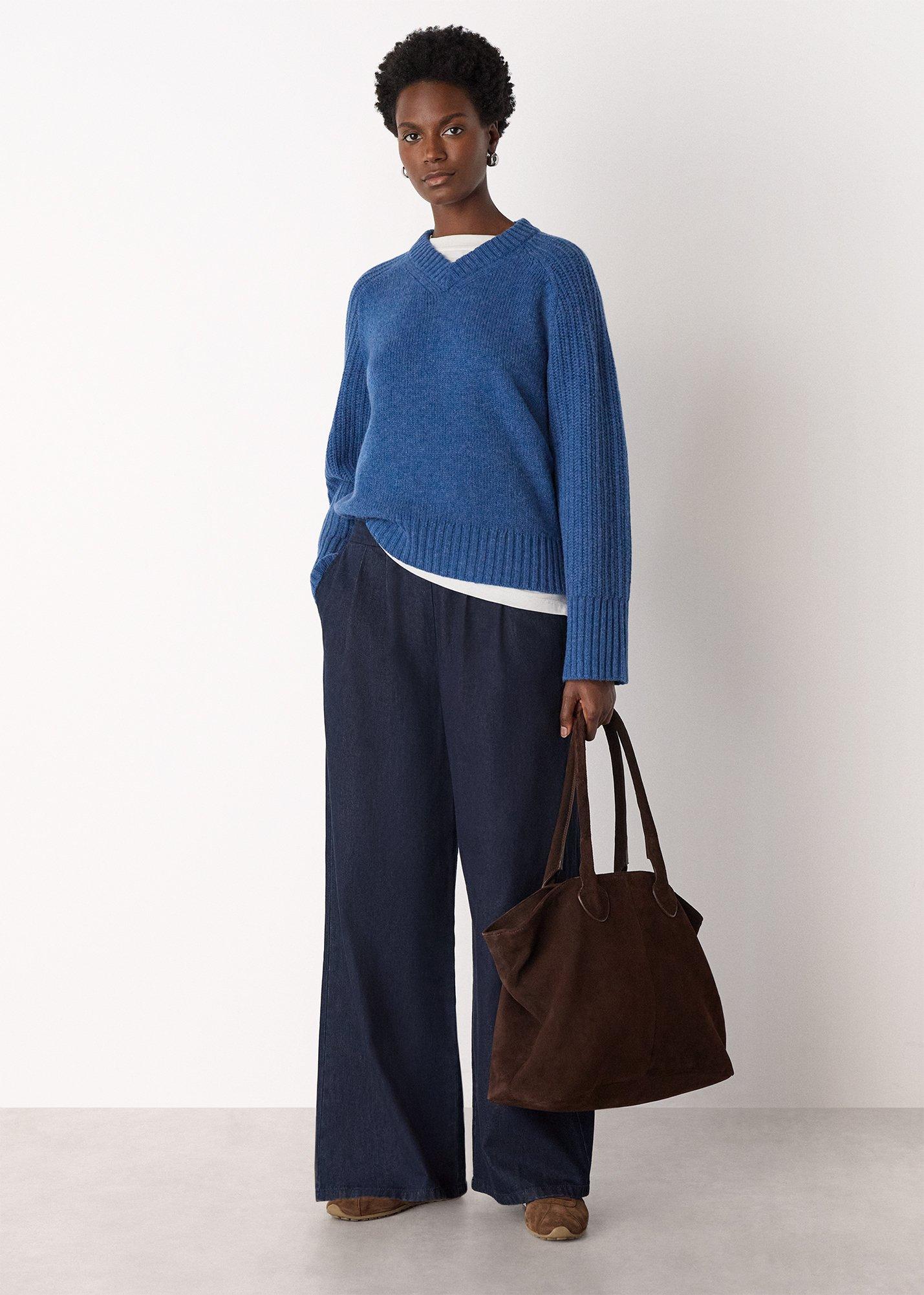 Blue Wool Ribbed Sleeve V Neck Knit