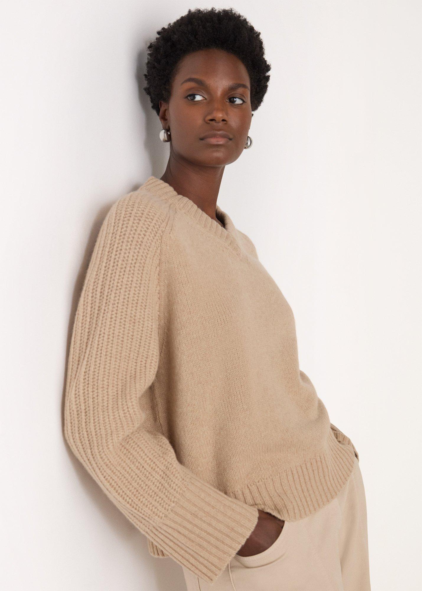 Camel Wool Ribbed Sleeve V Neck Knit