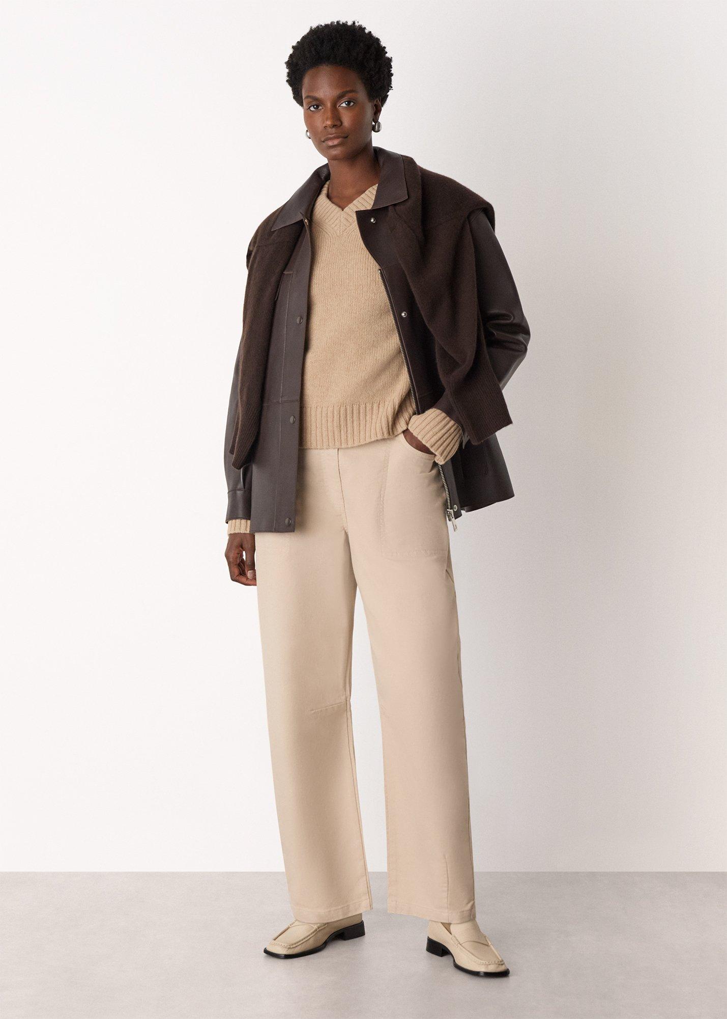 Camel Wool Ribbed Sleeve V Neck Knit