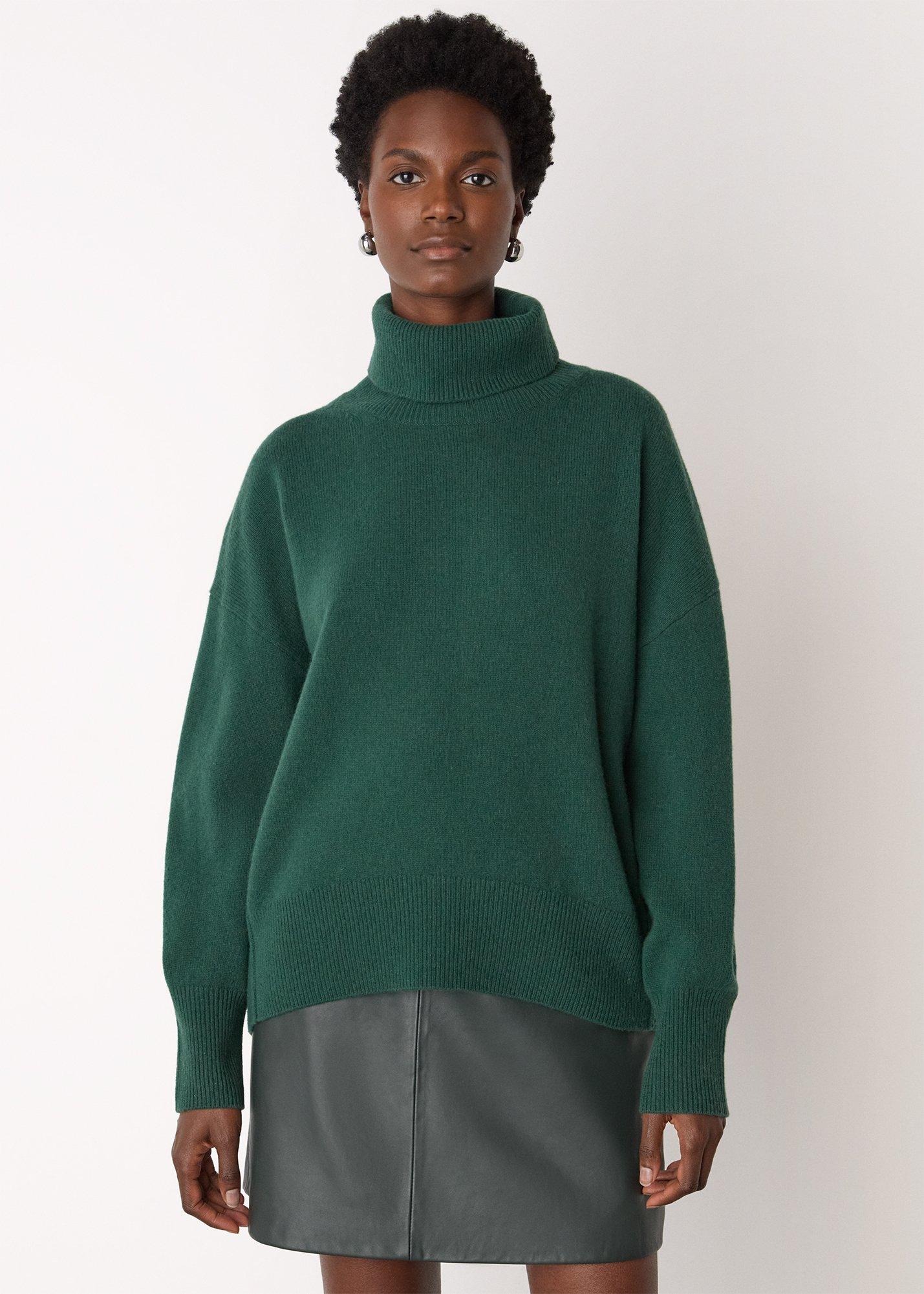 Dark Green Wool Roll Curved Hem Knit