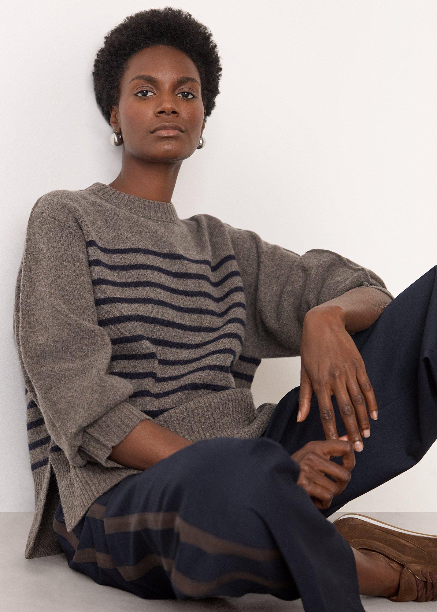 Neutral Wool Stripe Crew Neck Knit