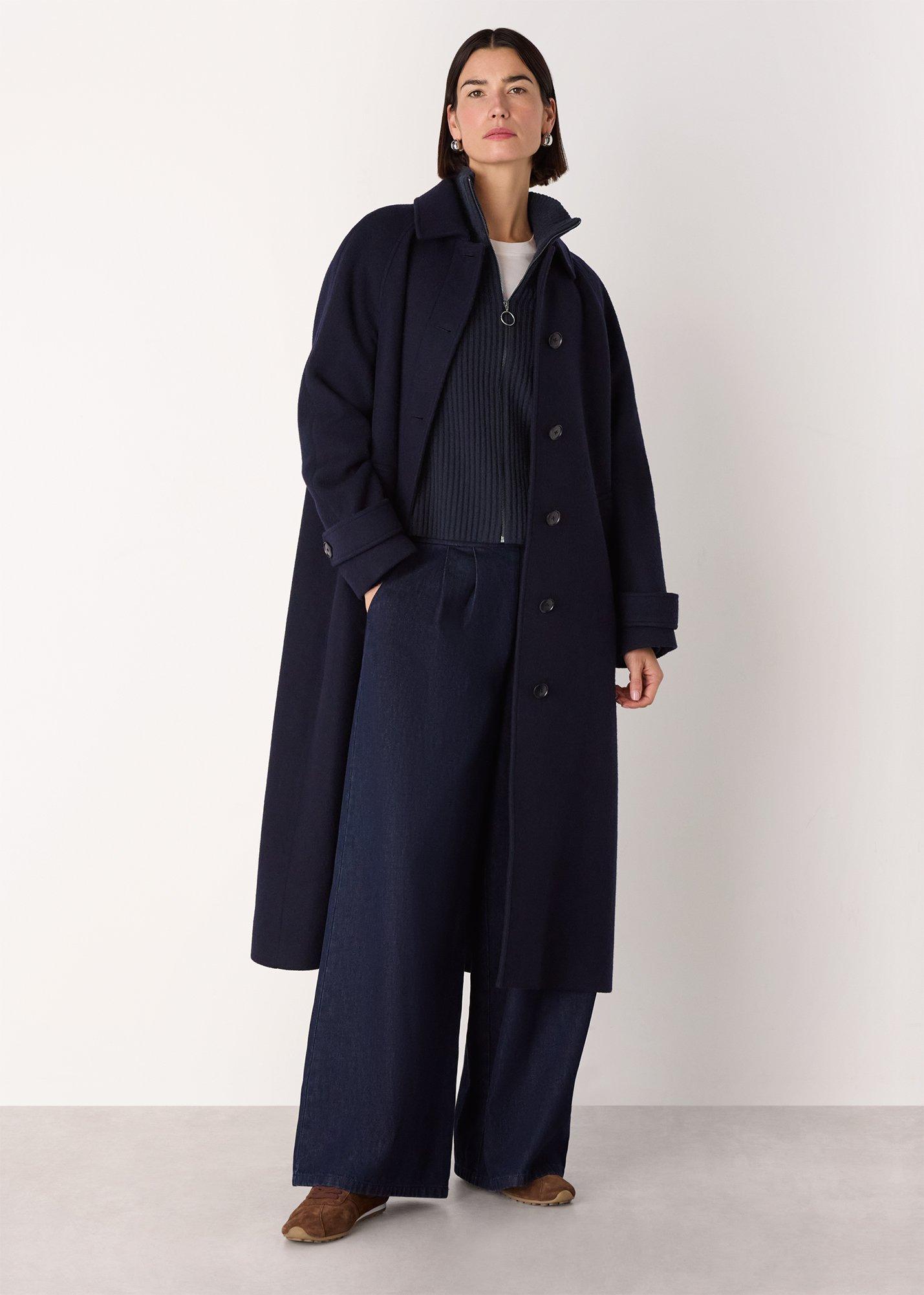 Navy Wool Zip Front Rib Cardigan