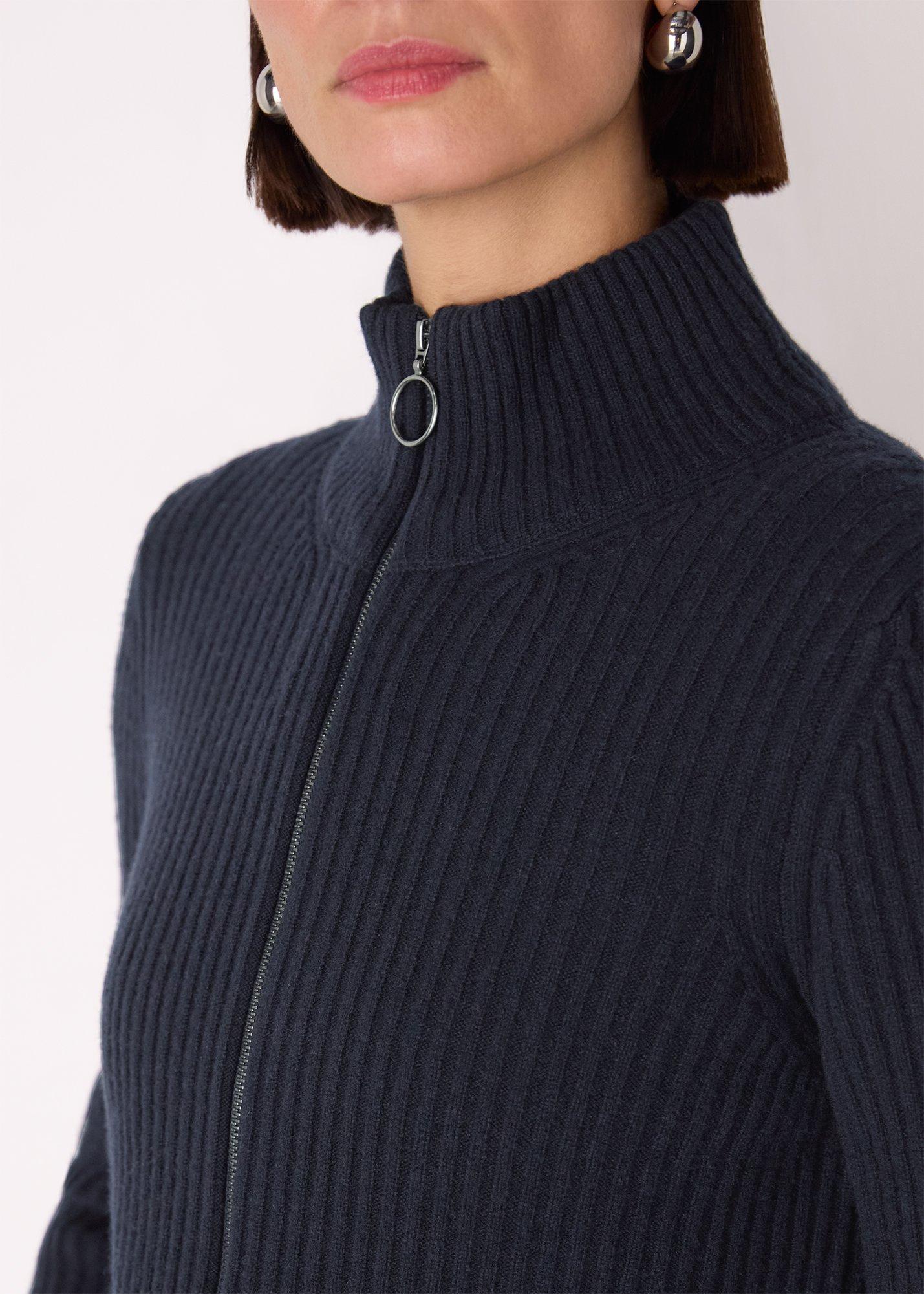 Wool Zip Front Rib Cardigan