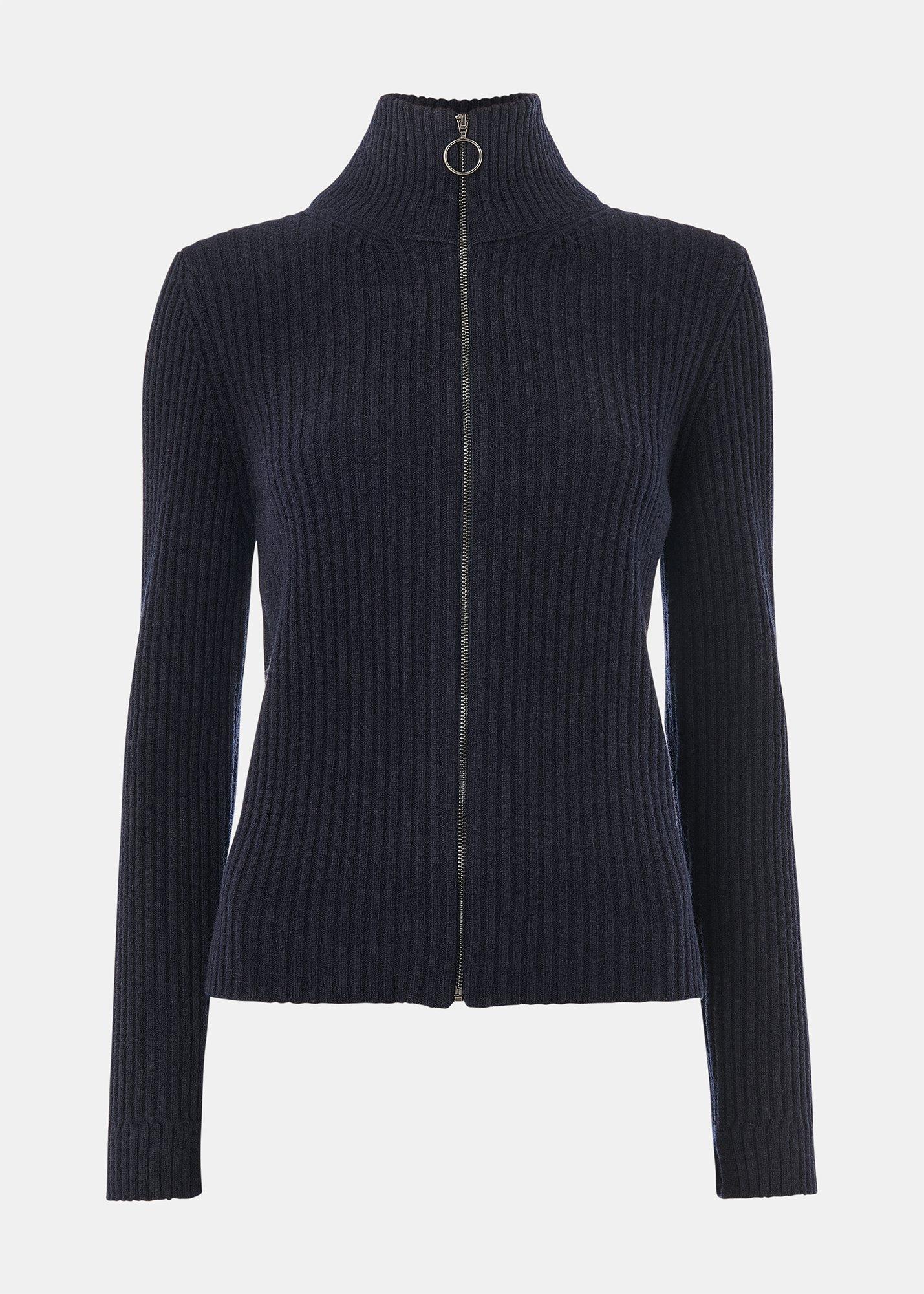 Wool Zip Front Rib Cardigan