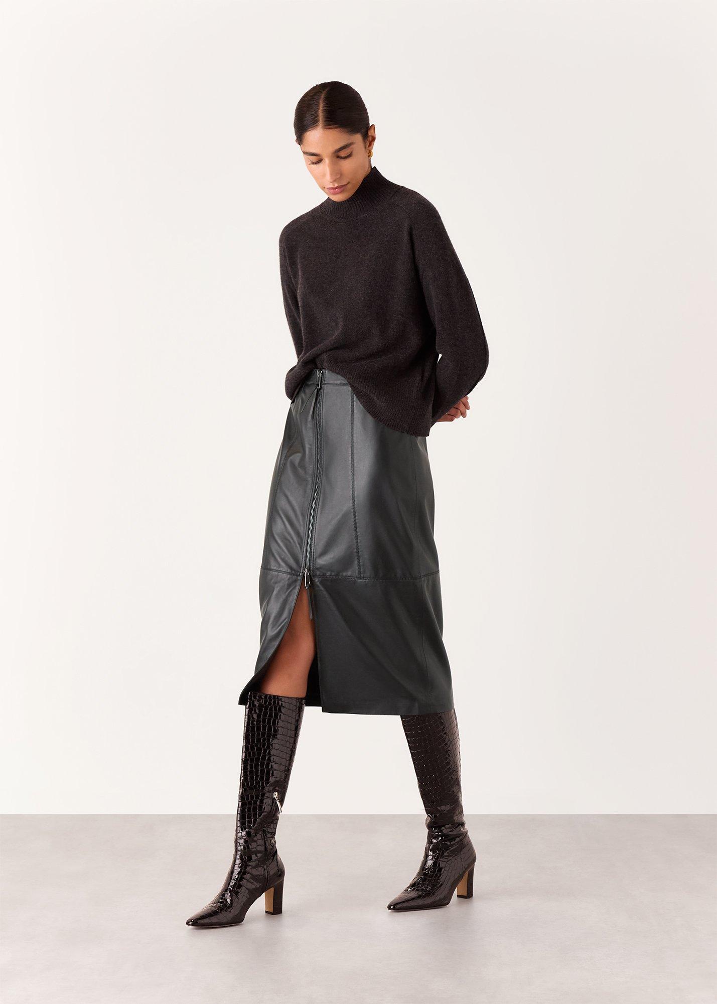 Zip Front Leather Pencil Skirt