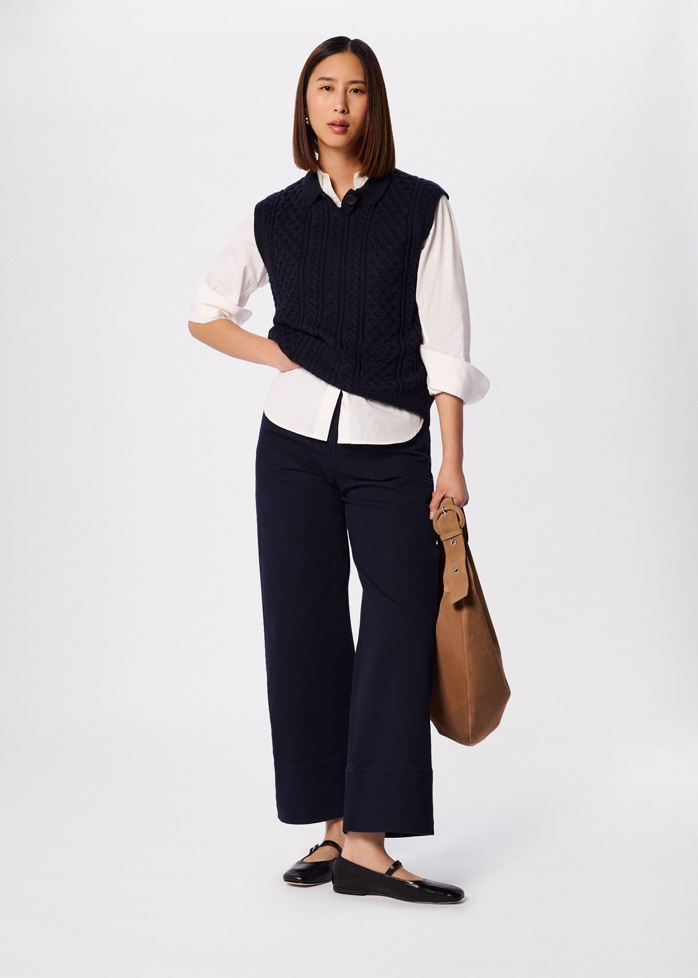 Navy Wide Leg Casual Cotton Trouser
