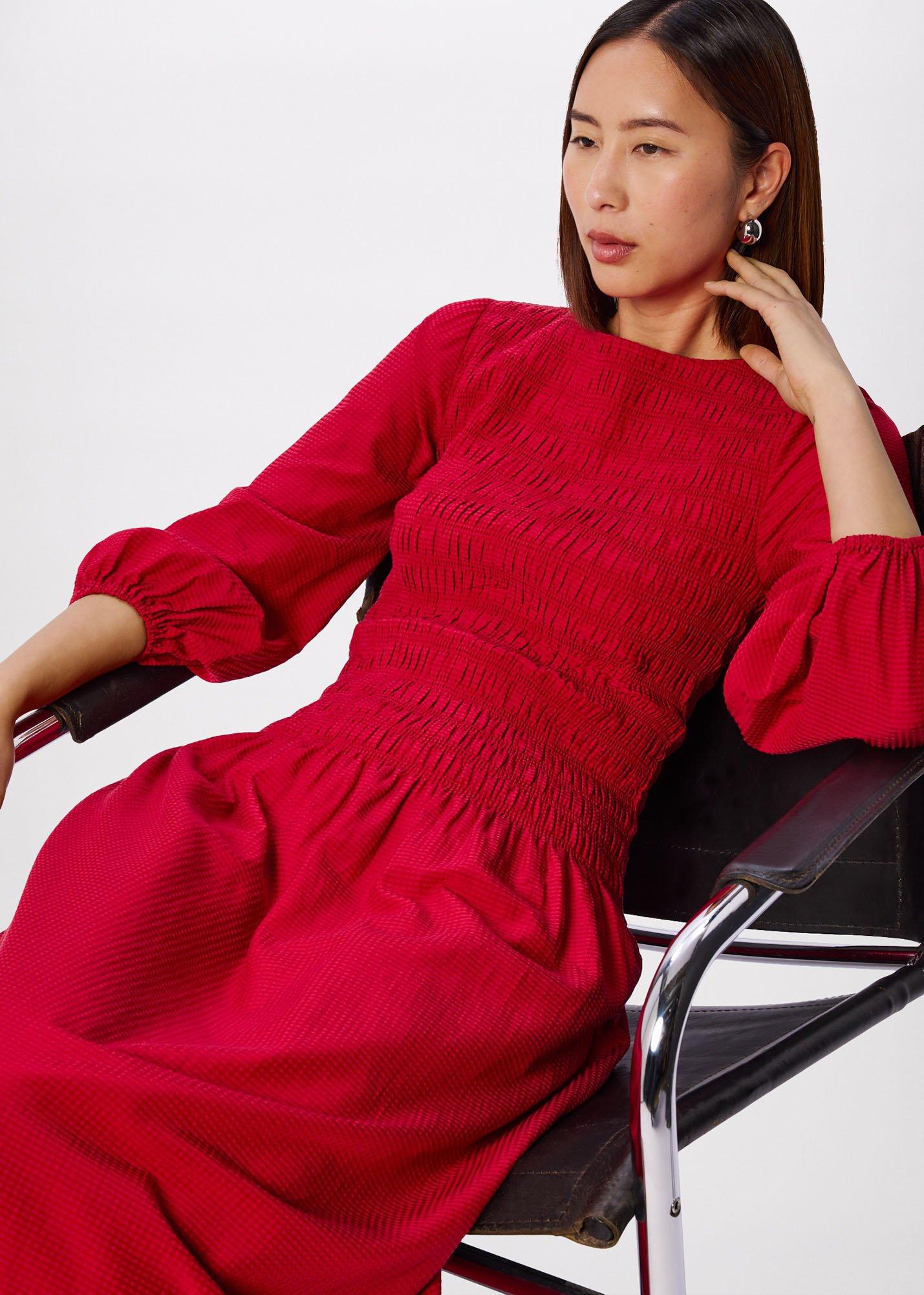 Red Smocked Bodice Midi Dress